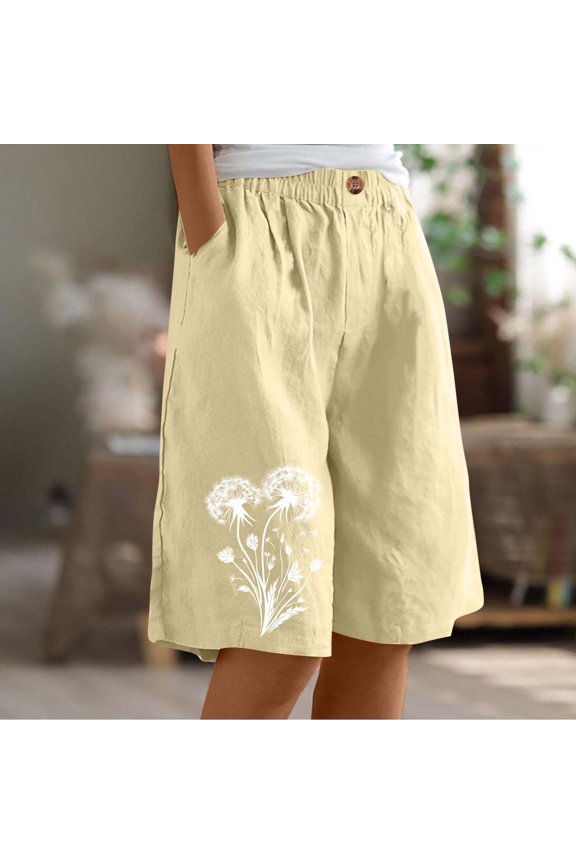 Women's Casual Printed Half Shorts Pants Summer Elastic Waist Buttons Casual Pockets Pants