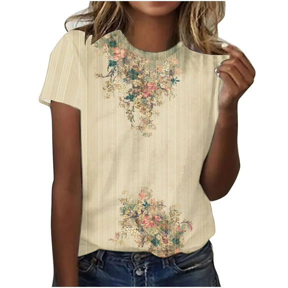 Bzhegqhd Women's Casual Pullover Retro Printed Round Neck Short Sleeved Top