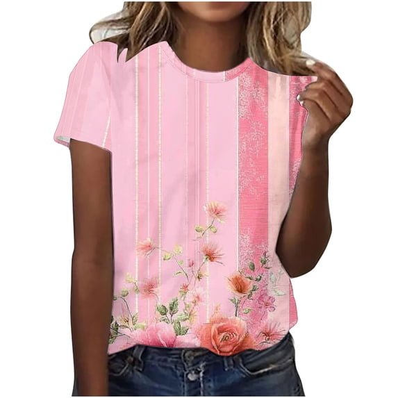 Bzhegqhd Women's Casual Pullover Retro Printed Round Neck Short Sleeved Top