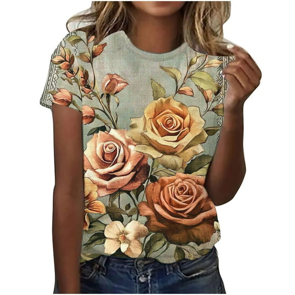 Bzhegqhd Women's Casual Pullover Retro Printed Round Neck Short Sleeved Top