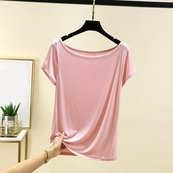 Bzhegqhd Women's Casual Solid Color Short Sleeve T-shirt Round-Neck T-shirt Home Bottom off-the-Shoulder Blouses