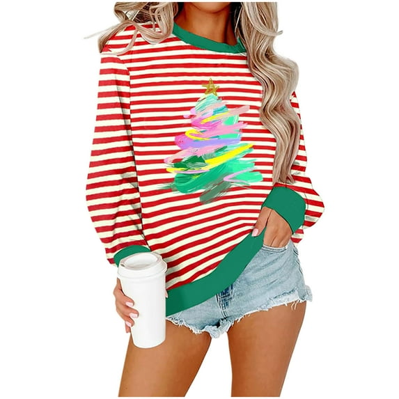 Bzhegqhd Women's Christmas Print Sweatshirts Long Sleeve Drop Shoulder Crewneck Pullover Top Loose Oversized Casual Streetwear Holiday Graphic Fall Fashion Warm Tee Blouse