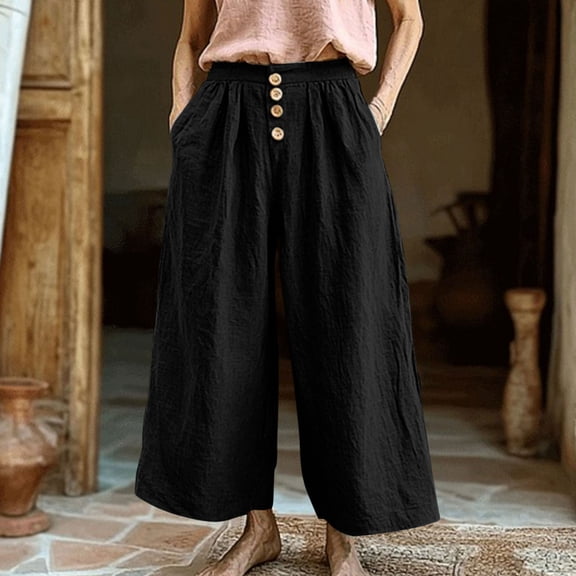Bzhegqhd Women's Elastic Waistband Button Cotton and Linen Solid Color 9-point Trouser Pants with Pocke