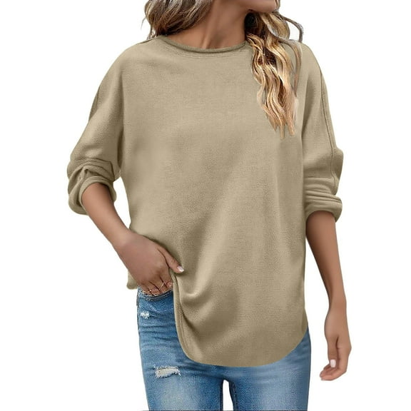 Bzhegqhd Women's Fall Crewneck Sweatshirts Long Sleeve Raw Hem Curved Bottom Loose Fit Soft Cotton Casual Daily Wear Top