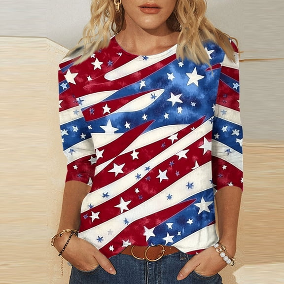 Bzhegqhd Women's Fashion Printed T-shirt 3/4 Sleeves Blouse Round Neck Casual