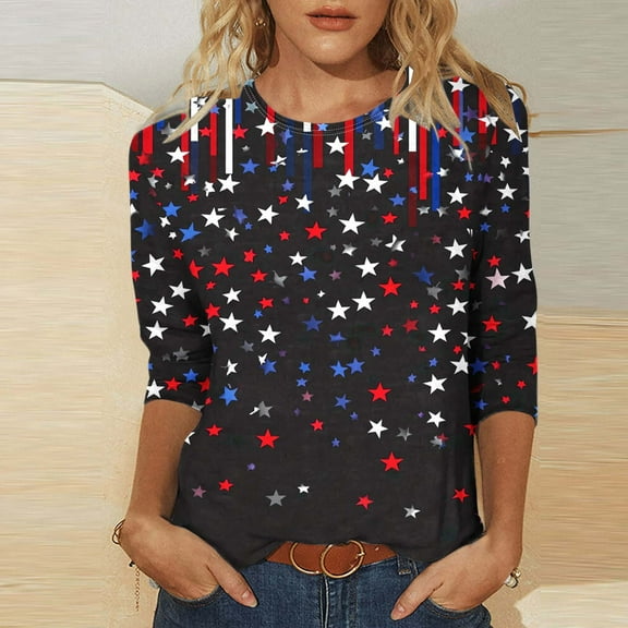 Bzhegqhd Women's Fashion Printed T-shirt 3/4 Sleeves Blouse Round Neck Casual