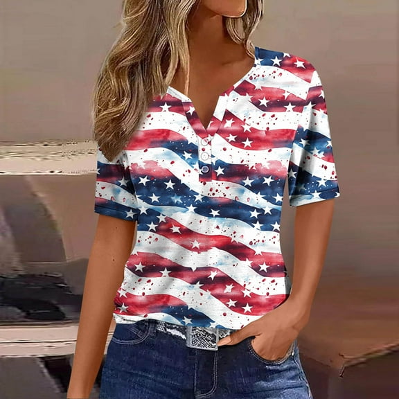 Bzhegqhd Women's Fashion Printing Short Sleeves Blouse-Neck T-Shirt Casual Button