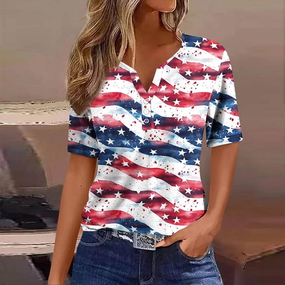 Bzhegqhd Women's Fashion Printing Short Sleeves Blouse-Neck T-Shirt Casual Button