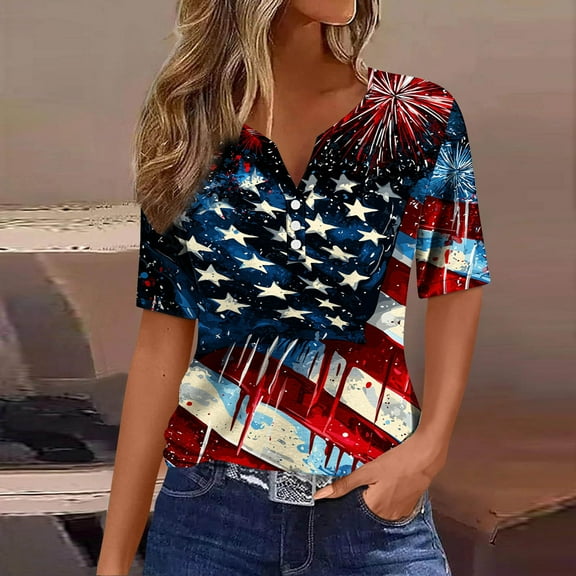 Bzhegqhd Women's Fashion Printing Short Sleeves Blouse-Neck T-Shirt Casual Button