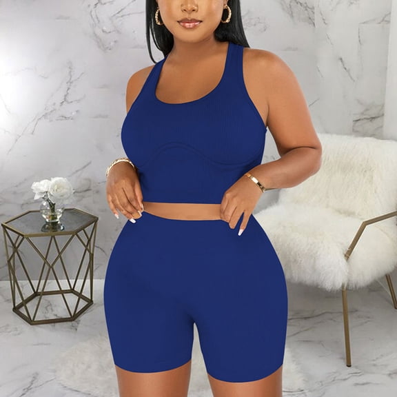 Bzhegqhd Women's Fashion Two-piece Solid Color U-Neck Tank Top and Short Sports Casual Suit