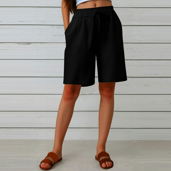 Bzhegqhd Women's Half Shorts Pants Summer Elastic Waist Buttons Casual Linen Pockets Pants