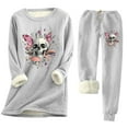 thumbnail image 1 of Bzhegqhd Women's Halloween Print Pajama Set Long Sleeve Round Neck Fleece Lined Top with Pocket and Drawstring Jogger Pants Warm Nightwear Costume Party Loungewear, 1 of 5