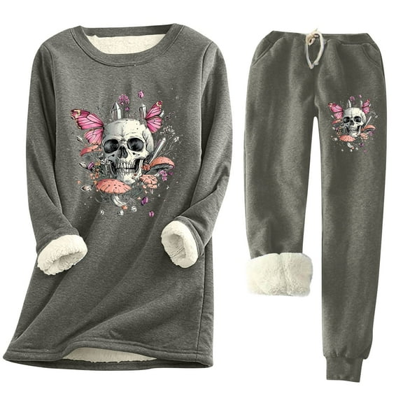 Bzhegqhd Women's Halloween Print Pajama Set Long Sleeve Round Neck Fleece Lined Top with Pocket and Drawstring Jogger Pants Warm Nightwear Costume Party Loungewear