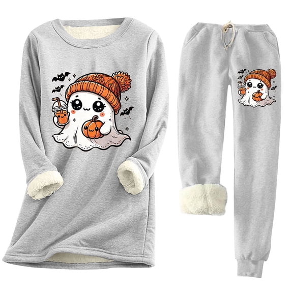 Bzhegqhd Women's Halloween Print Pajama Set Long Sleeve Round Neck Fleece Lined Top with Pocket and Drawstring Jogger Pants Warm Nightwear Costume Party Loungewear