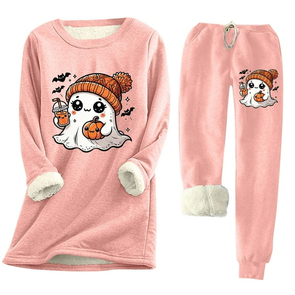 Bzhegqhd Women's Halloween Print Pajama Set Long Sleeve Round Neck Fleece Lined Top with Pocket and Drawstring Jogger Pants Warm Nightwear Costume Party Loungewear