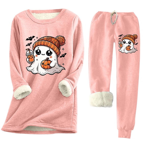 Bzhegqhd Women's Halloween Print Pajama Set Long Sleeve Round Neck Fleece Lined Top with Pocket and Drawstring Jogger Pants Warm Nightwear Costume Party Loungewear