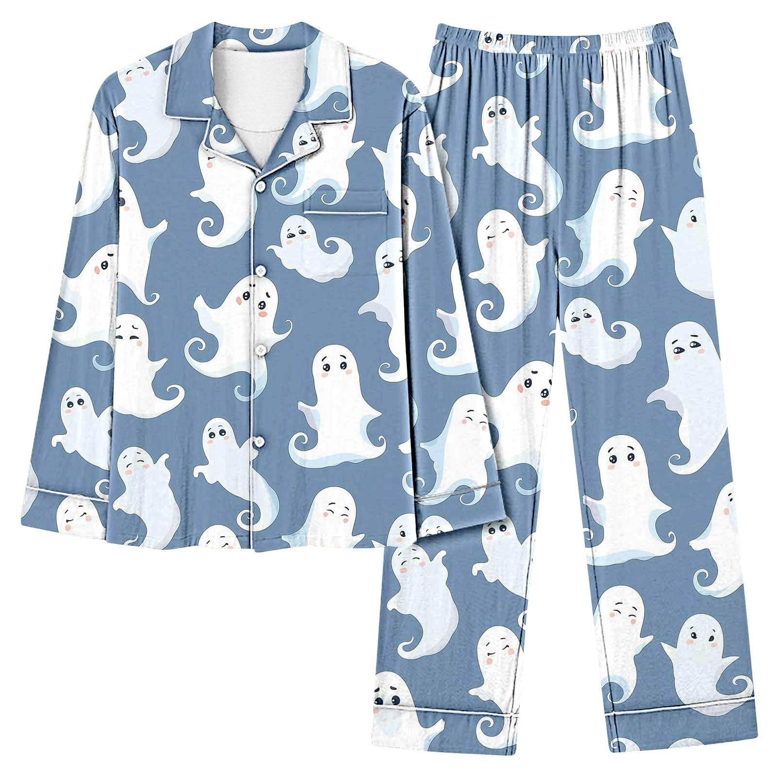 Orange Halloween Print Lapel Shirt Long 2pcs Pajama Set