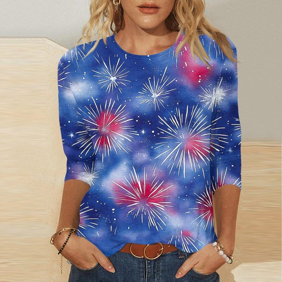 Bzhegqhd Women's Independence Day Printed Blouses 3/4 Sleeve Round Neck Pullover Fashionable Top