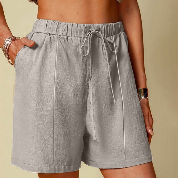 Bzhegqhd Women's Linen Shorts Solid Color Comfortable Elastic Wide Leg Casual Shorts