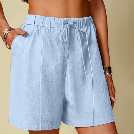 Bzhegqhd Women's Linen Shorts Solid Color Comfortable Elastic Wide Leg Casual Shorts