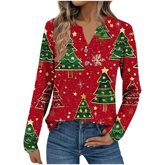 Bzhegqhd Women's Long Sleeve T-Shirts Christmas Printed V Neck Casual Button Up Top Loose Fit Comfortable Blouse Holiday Winter Fashion Tee Pullover Gift Idea for Ladies
