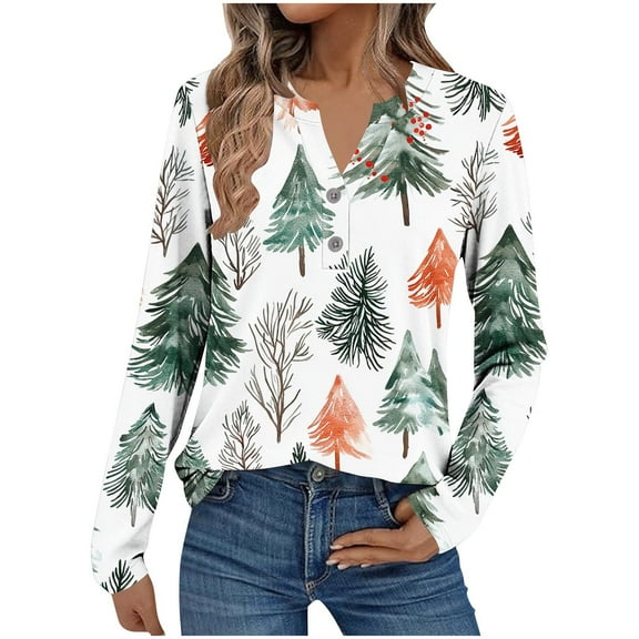 Bzhegqhd Women's Long Sleeve T-Shirts Christmas Printed V Neck Casual Button Up Top Loose Fit Comfortable Blouse Holiday Winter Fashion Tee Pullover Gift Idea for Ladies