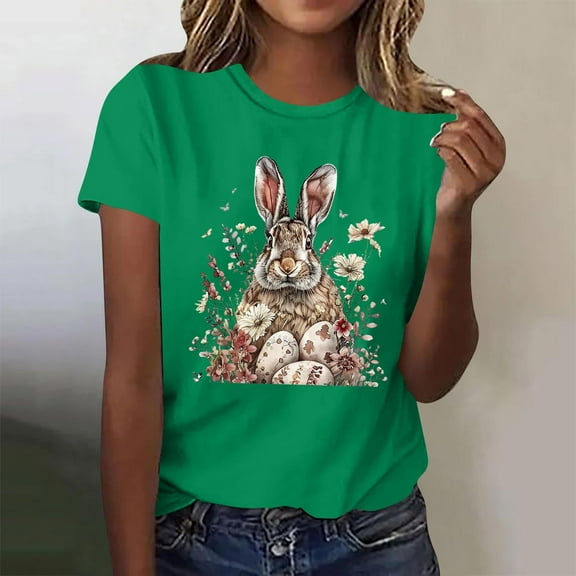 Bzhegqhd Women's New Round Neck Short Sleeve Easter Casual Top T-shirt