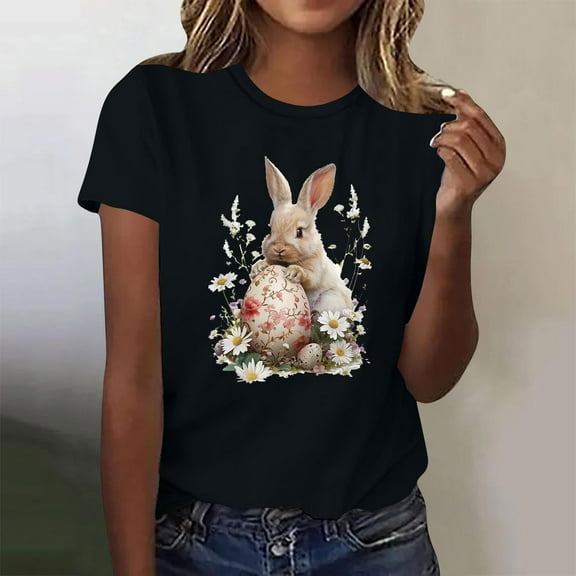 Bzhegqhd Women's New Round Neck Short Sleeve Easter Casual Top T-shirt