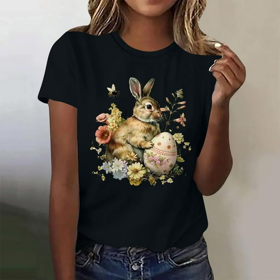 Bzhegqhd Women's New Round Neck Short Sleeve Easter Casual Top T-shirt