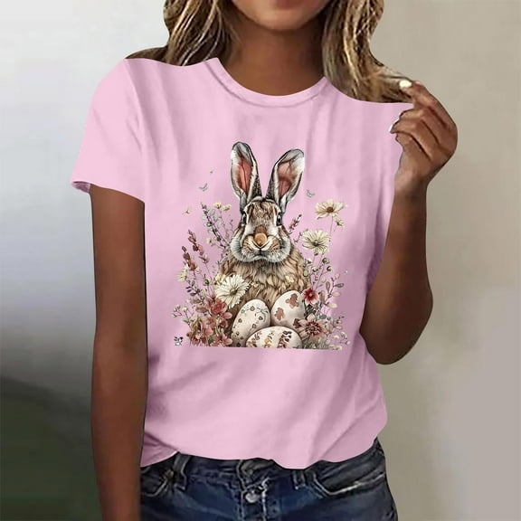 Bzhegqhd Women's New Round Neck Short Sleeve Easter Casual Top T-shirt