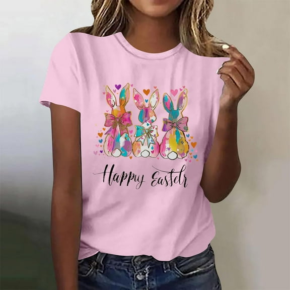 Bzhegqhd Women's New Round Neck Short Sleeve Easter Casual Top T-shirt