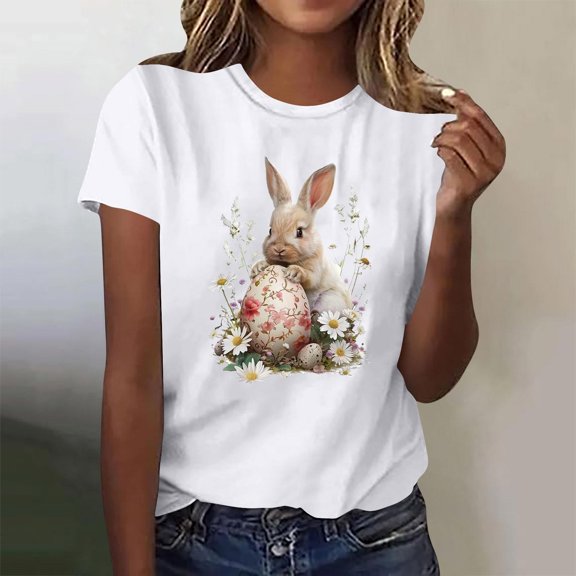 Bzhegqhd Women's New Round Neck Short Sleeve Easter Casual Top T-shirt
