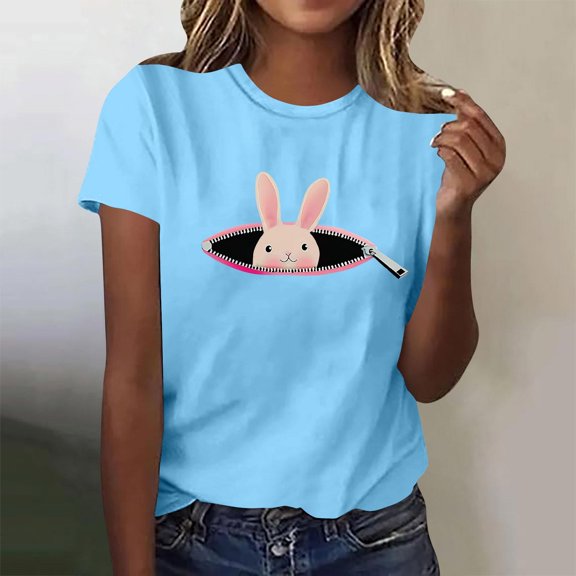 Bzhegqhd Women's New Round Neck Short Sleeve Easter Casual Top T-shirt