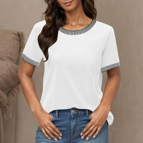 Bzhegqhd Women's New Solid Color Round Neck Top T-shirt Short Sleeved Contrasting Thread