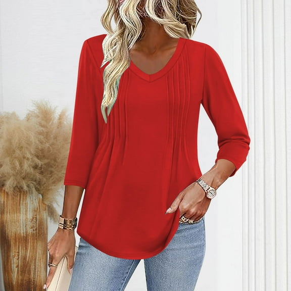 Bzhegqhd Women's New Solid Color V-neck Quarter Sleeved Top T-shirt with Pleated Lines On the Chest