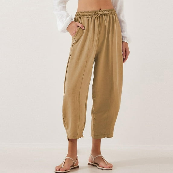 Bzhegqhd Women's New Summer Solid Color High Waist Drawstring with Pocket Foot Binding Pants