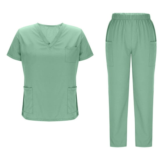 Bzhegqhd Women's Nursing Scrubs Set V-Neck Short Sleeve Stretch Top with Pockets Loose Fit Drawstring Elastic Waist Solid Color Work Pants Medical Uniform for Caregiver Hospital