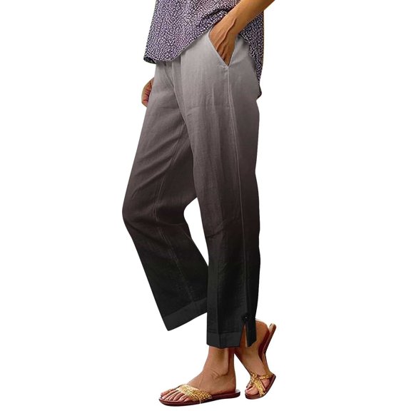 Bzhegqhd Women's Palazzo Pants Solid Color Button Front Slit High Low Hem Beach Vacation Pants Elastic Waist Boho Wide Leg Breathable Summer Resort Wear Trousers