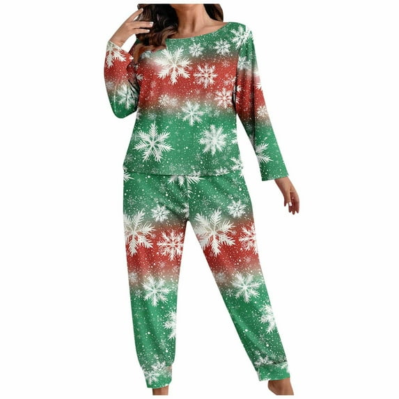 Bzhegqhd Women's Plus Size Christmas Print Pajama Set Long Sleeve Top and Pants Comfy Loungewear Sleepwear Nightwear Holiday Outfit Soft Breathable Fabric Home Casual Wear