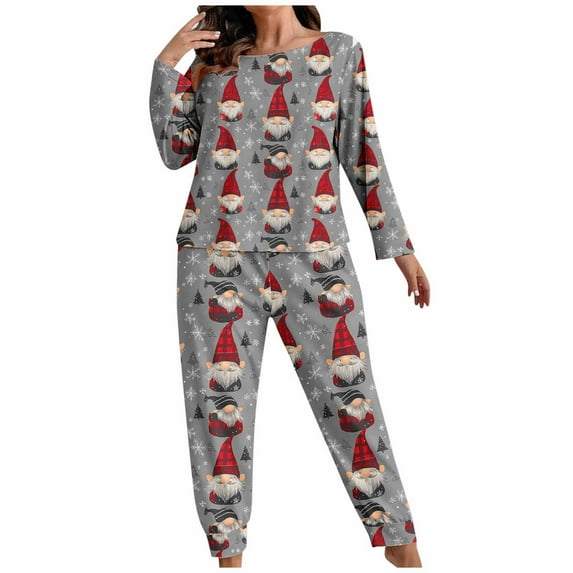 Bzhegqhd Women's Plus Size Christmas Print Pajama Set Long Sleeve Top and Pants Comfy Loungewear Sleepwear Nightwear Holiday Outfit Soft Breathable Fabric Home Casual Wear