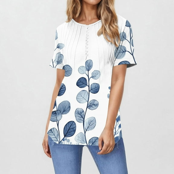 Bzhegqhd Women's Printed Blouses Short Sleeved V-Neck Button Fashionable Casual Top