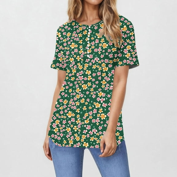 Bzhegqhd Women's Printed Blouses Short Sleeved V-Neck Button Fashionable Casual Top