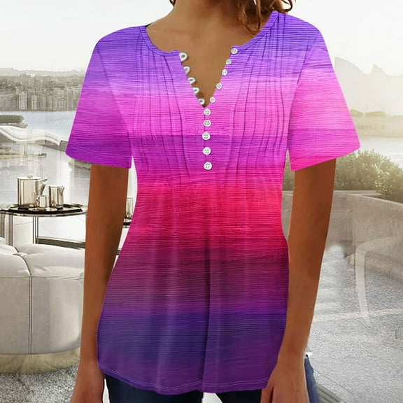 Bzhegqhd Women's Printed V-neck Button Up Short Seeved Top