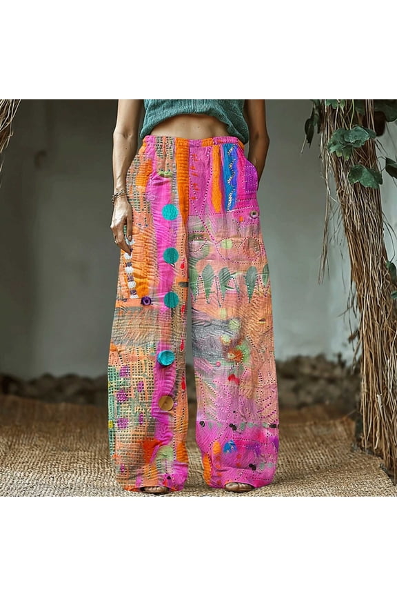 Women's Retro Print Cotton and Linen Elastic Waist Bohemian Leaf Casual Trouser Pants with Pocket