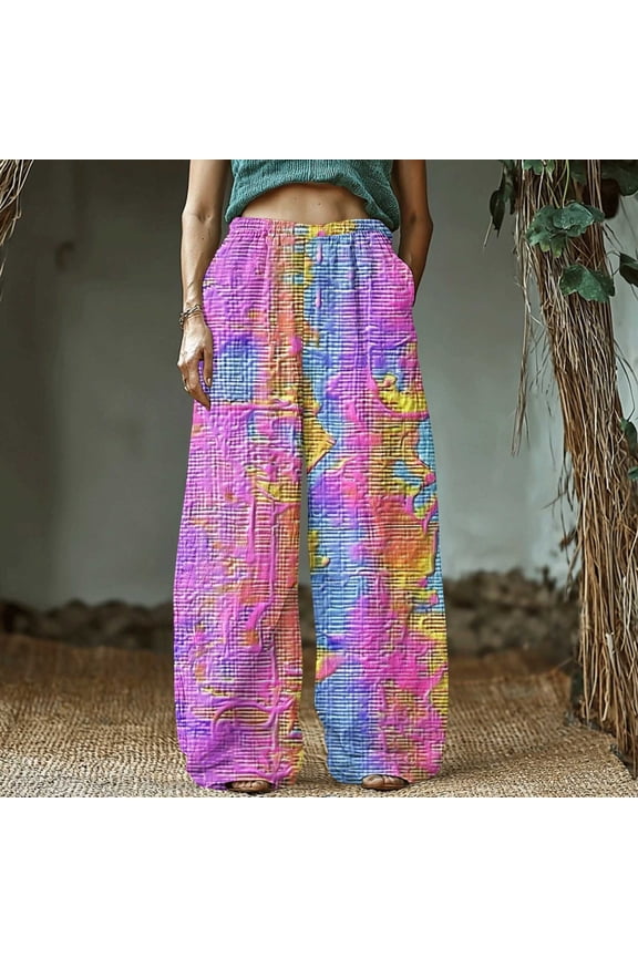 Women's Retro Print Cotton and Linen Elastic Waist Bohemian Leaf Casual Trouser Pants with Pocket