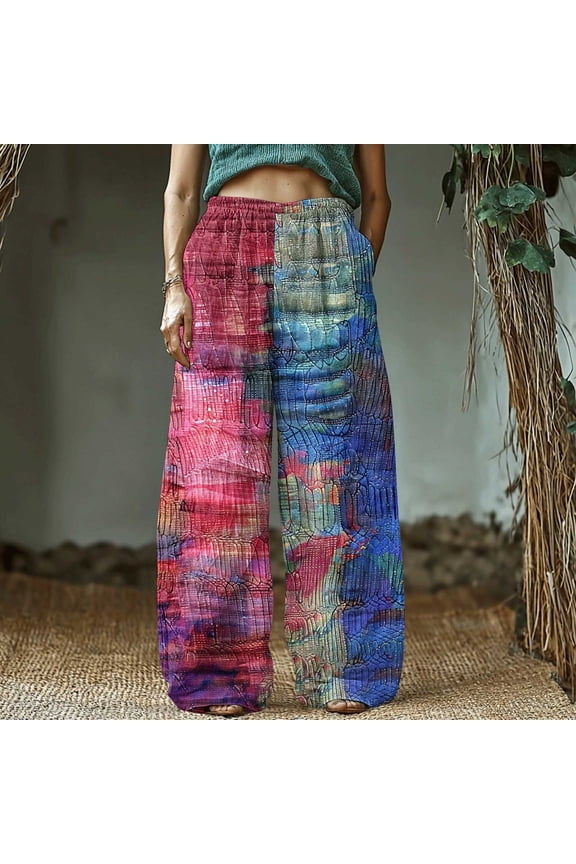 Women's Retro Print Cotton and Linen Elastic Waist Bohemian Leaf Casual Trouser Pants with Pocket
