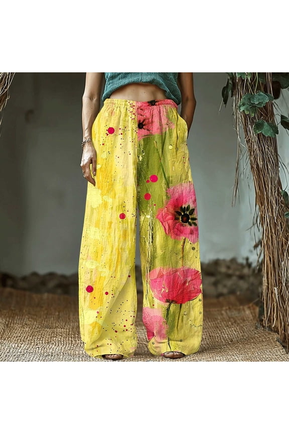 Women's Retro Print Cotton and Linen Elastic Waist Bohemian Leaf Casual Trouser Pants with Pocket