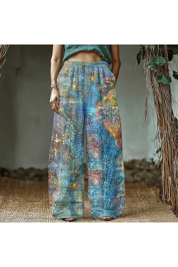 Women's Retro Print Cotton and Linen Elastic Waist Bohemian Leaf Casual Trouser Pants with Pocket