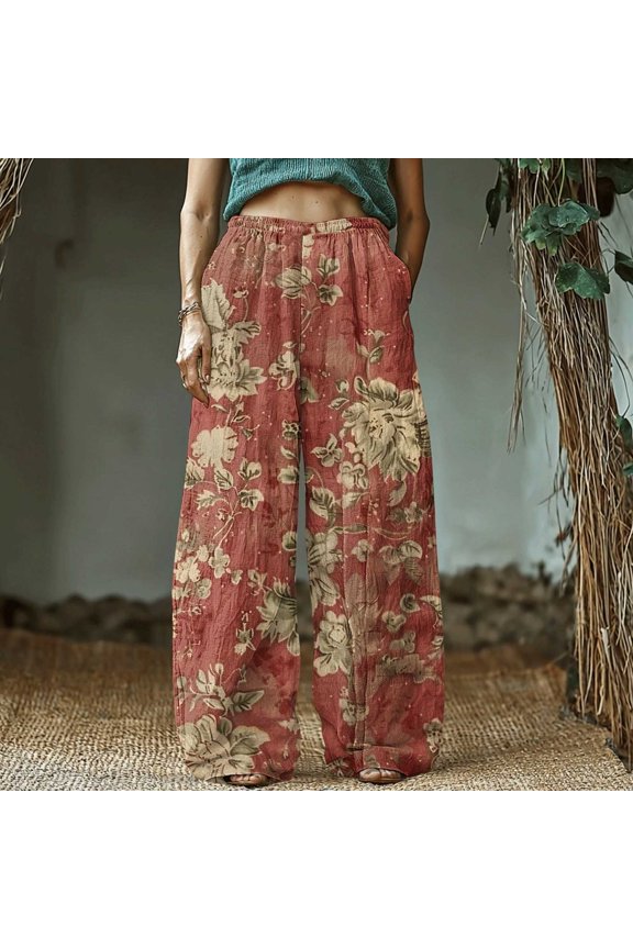 Women's Retro Print Cotton and Linen Elastic Waist Bohemian Leaf Casual Trouser Pants with Pocket