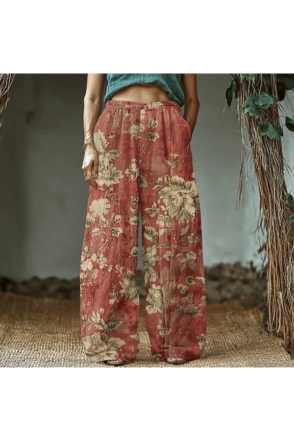 Women's Retro Print Cotton and Linen Elastic Waist Bohemian Leaf Casual Trouser Pants with Pocket